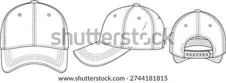 Baseball cap technical drawing front side rear views, fashion vector illustration, garment construction design, apparel manufacturing template, hat design graphics, flat vector art
