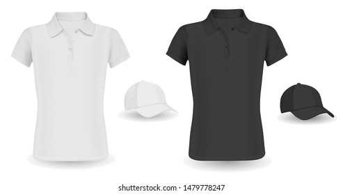 Baseball Cap Template And Polo Shirt Mockup. Black And White Vector Tshirt Isolated On Background. Realistic Wear Outfit Short Sleeve Polo Promotion. Shirt With Collar, Visor Hat Casual Clothing