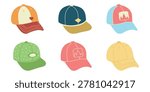 Baseball Cap and Trucker Hat Collection, Hand Drawn Vector Illustration Set for Casual Style