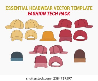 Baseball Cap Trucker Hat Fashion Illustration Snap Back Beanie Tech Pack Streetwear Dad Hat Vector Clothing Illustrator Template Blank Street Wear Mock-up Bundle Beanie Head Toque Bucket Hat Vector