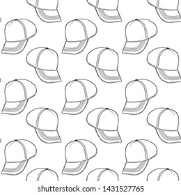 Baseball cap, trucker hat. Vector concept in doodle and sketch style. Hand drawn illustration for printing on T-shirts, postcards. Seamless pattern for textile, paper wrap.