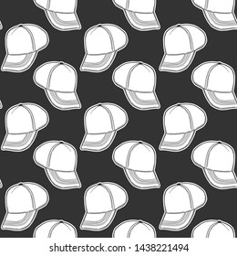 Baseball cap, trucker hat. Vector concept in doodle and sketch style. Hand drawn illustration for printing on T-shirts, postcards. Seamless pattern for textile, paper wrap.