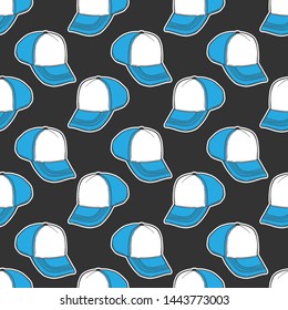 Baseball cap, trucker hat. Vector concept in doodle and sketch style. Hand drawn illustration for printing on T-shirts, postcards. Seamless pattern for textile, paper wrap.