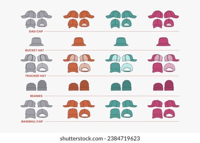 Gorro de béisbol Trucker Cap Vector Ilustración Sombrero de moda plana Plantilla vectorial Beanie Hat Knit Plano Dibujos técnicos Camión Sombrero Snapback Cap Mock-up Diseño Sombrero Vector de ropa CAD