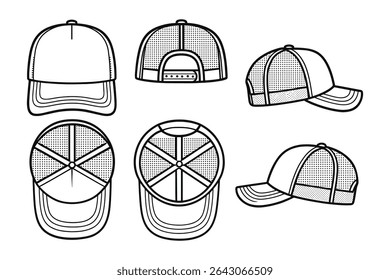 Baseball Cap Vector Line Art Illustration Set for Sportswear and Casual Wear Design