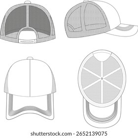  Baseball Cap Vector Set. Front, Back and Top Mesh Cap Outline Templates.