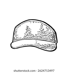 Boné de basebol. Ilustração de gravura em preto vintage. Isolado no fundo branco. Elemento de design desenhado à mão para cartaz