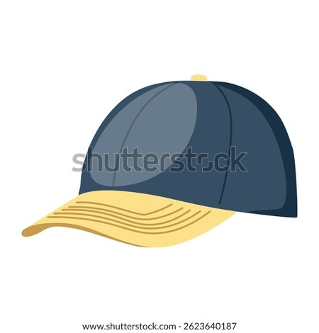 Baseball cap with visor, modern unisex hat, headwear for casual and sports style. Sun protection accessory, fashion head wear, clothes. Flat graphic vector illustration isolated on white background