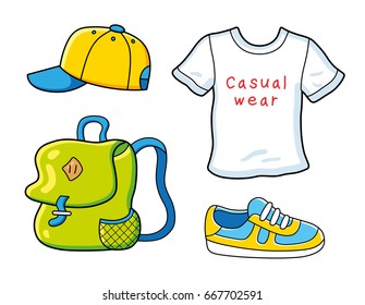 Baseball cap, white t-shirt, sneaker, backpack. Vector icons isolated.