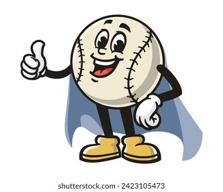 Baseball with caped superhero style cartoon mascot illustration character vector clip art hand drawn