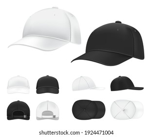 Baseball caps. Black and white blank sports uniform headwear in side, front and back view template. Isolated vector hat mockups. Illustration hat baseball black and white isolated