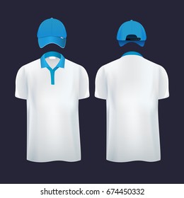 Baseball caps and casual t shirt polo in different sides. Vector illustrations