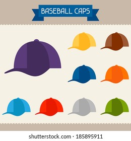 Baseball caps colored templates for your design in flat style.