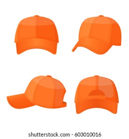 Baseball caps in front side and back view isolated on white background. Stylish sportive headwear, athlet accessory which protects head from sun, vector illustration in flat style design