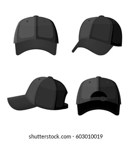 Baseball caps in front side and back view isolated on white background. Stylish sportive headwear, athlet accessory which protects head from sun, vector illustration in flat style design