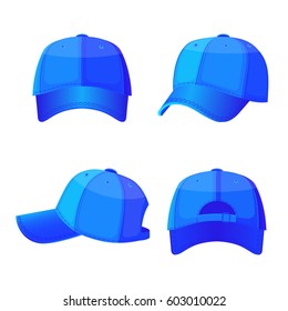 Baseball caps in front side and back view isolated on white background. Stylish sportive headwear, athlet accessory which protects head from sun, vector illustration in flat style design