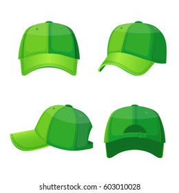 Baseball caps in front side and back view isolated on white background. Stylish sportive headwear, athlet accessory which protects head from sun, vector illustration in flat style design