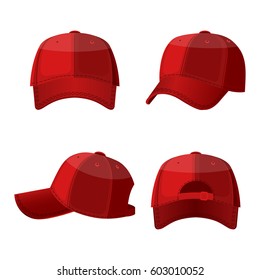 Baseball caps in front side and back view isolated on white background. Stylish sportive headwear, athlet accessory which protects head from sun, vector illustration in flat style design