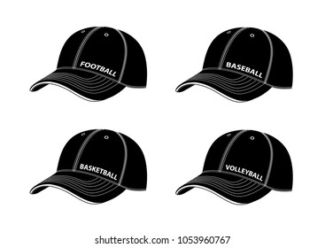 Baseball caps with inscriptions of different sports.Vector illustration isolated on white background.