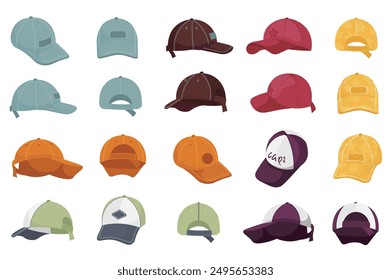 Baseball caps mega set elements in flat cartoon graphic design. Bundle objects of sports hats with visors in front, back and side views. Headwear accessory for man, woman, kids. Vector illustration.