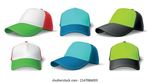 Baseball caps. Realistic uniform snapback. Corporate clothing. Sports headdress with visor. Head wear accessory. Combined colors hat mockup for branding. Vector isolated