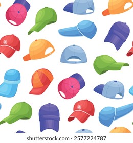 Baseball caps seamless pattern. Sporty head accessories, workout headwear. Cartoon colorful cap for sport training. Fabric print design, nowaday vector background