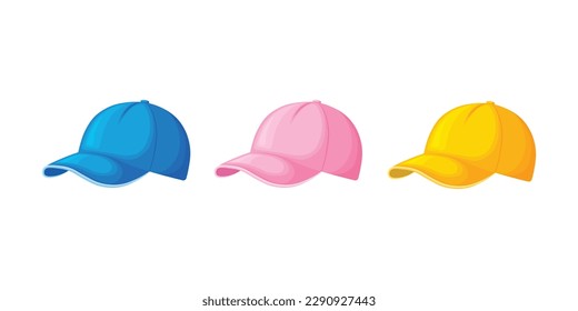 Baseball caps set. Blue yellow and pink beanie. Cartoon-style baseball caps. Headdress. Vector illustration isolated on a white background
