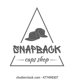 Baseball caps shop logo. Triangular label with text in graffiti style on white background. Badge for snapback hats store advertising or window signage. Modern vector emblem.
