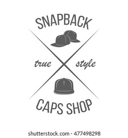 Baseball caps shop logotype template. Badge in modern style isolated on white background. Monochrome label for snapback hats store advertising or window signage. Vector illustration.