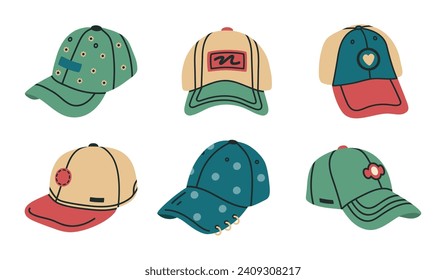 gorras de béisbol. Tapa de moda, casco deportivo, accesorios de moda modernos, conjunto de ilustración vectorial plana. Colección de ropa de cama colorida