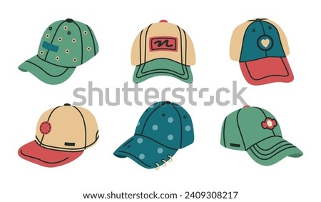 Baseball caps. Trendy cap, sport headwear, modern fashion accessories flat vector illustration set. Colorful headwear collection