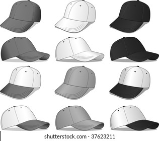 Baseball Caps - a variety of grey, black, and white caps - these are all vector illustrations