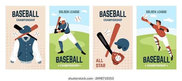 Baseball cards. Professional athletes fall and hit balls with bats. Sports uniforms and equipment. Invitations to championship. Serving softballs. Baseballers game