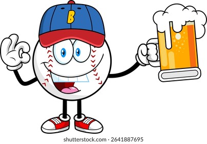 Baseball Cartoon Character Holding Beer Mug And Showing OK Hand Sign – Vector Hand Drawn Illustration Isolated On Transparent Background