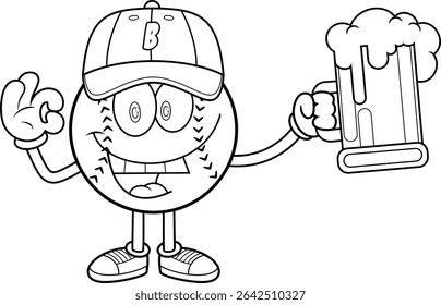 Baseball Cartoon Character Holding Beer Mug And Showing OK Hand Sign – Vector Hand Drawn Illustration Isolated On Transparent Background