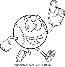 Baseball Cartoon Character Running And Holding Foam Finger – Retro Black And White Vector Hand Drawn Illustration Isolated On Transparent Background