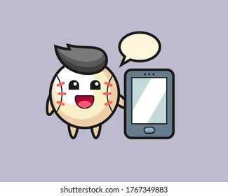Baseball cartoon holding a smartphone