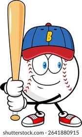 Baseball Cartoon Mascot Character With Cap Holding Bat And Preparing To Hit – Vector Hand Drawn Illustration Isolated On Transparent Background