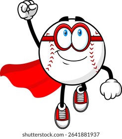 Baseball Cartoon Mascot Character Flying With Cape And Mask Like Superhero – Vector Hand Drawn Illustration Isolated On Transparent Background