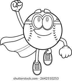 Baseball Cartoon Mascot Character Flying With Cape Like Superhero – Vector Hand Drawn Illustration Isolated On Transparent Background