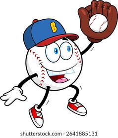 Baseball Cartoon Mascot Character Jumping And Catching Ball With Glove – Vector Hand Drawn Illustration Isolated On Transparent Background