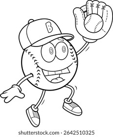 Baseball Cartoon Mascot Character Jumping And Catching Ball With Glove – Black And White Vector Hand Drawn Illustration Isolated On Transparent Background