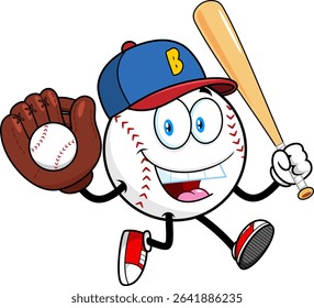 Baseball Cartoon Mascot Character Running With Bat And Glove Holding Ball – Vector Hand Drawn Illustration Isolated On Transparent Background