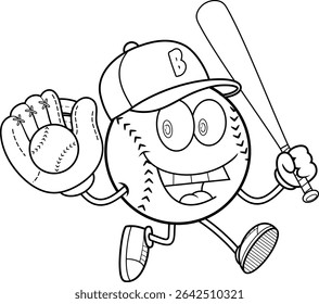 Baseball Cartoon Mascot Character Running With Bat And Glove Holding Ball – Black And White Vector Hand Drawn Illustration Isolated On Transparent Background