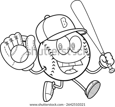 Baseball Cartoon Mascot Character Running With Bat And Glove Holding Ball – Black And White Vector Hand Drawn Illustration Isolated On Transparent Background