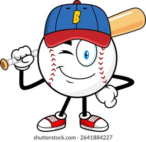 Baseball Cartoon Mascot Character Winking And Holding Bat Over Shoulder – Vector Hand Drawn Illustration Isolated On Transparent Background