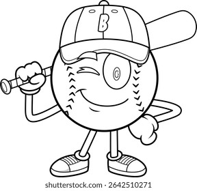 Baseball Cartoon Mascot Character Winking And Holding Bat Over Shoulder – Black And White Vector Hand Drawn Illustration Isolated On Transparent Background