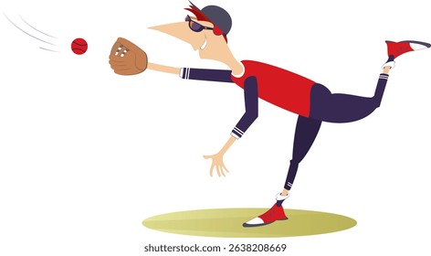 Baseball. Cartoon baseball player. 
Infielder in game action. Isolated on white background
