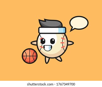 Baseball cartoon is playing basketball