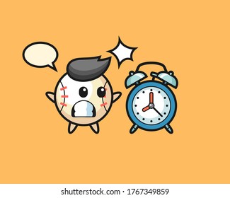 Baseball cartoon surprised with a giant alarm clock